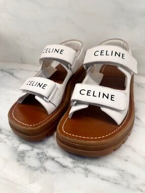 CELINE White Leather Logo Velcro Sandals with Brown Sole